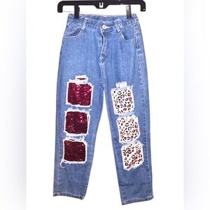 Stylish Blue Jeans with Red Sequin and Leopard Patchwork